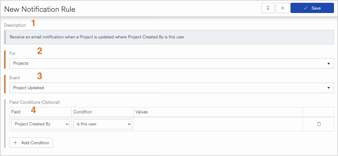 Notification rule setup for project updates based on user creation criteria.